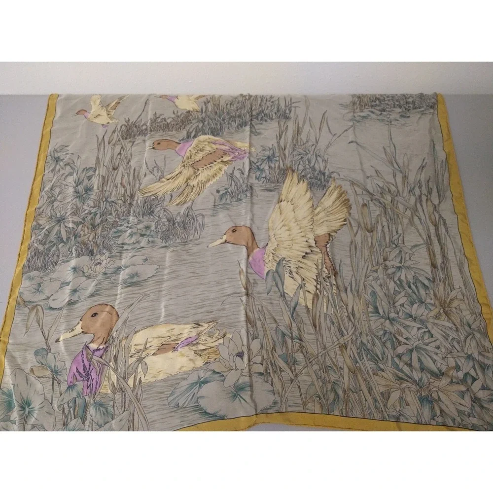 Vintage FILENE'S Ducks Flying Water TANS PURPLE 100% Silk Square Scarf ITALY